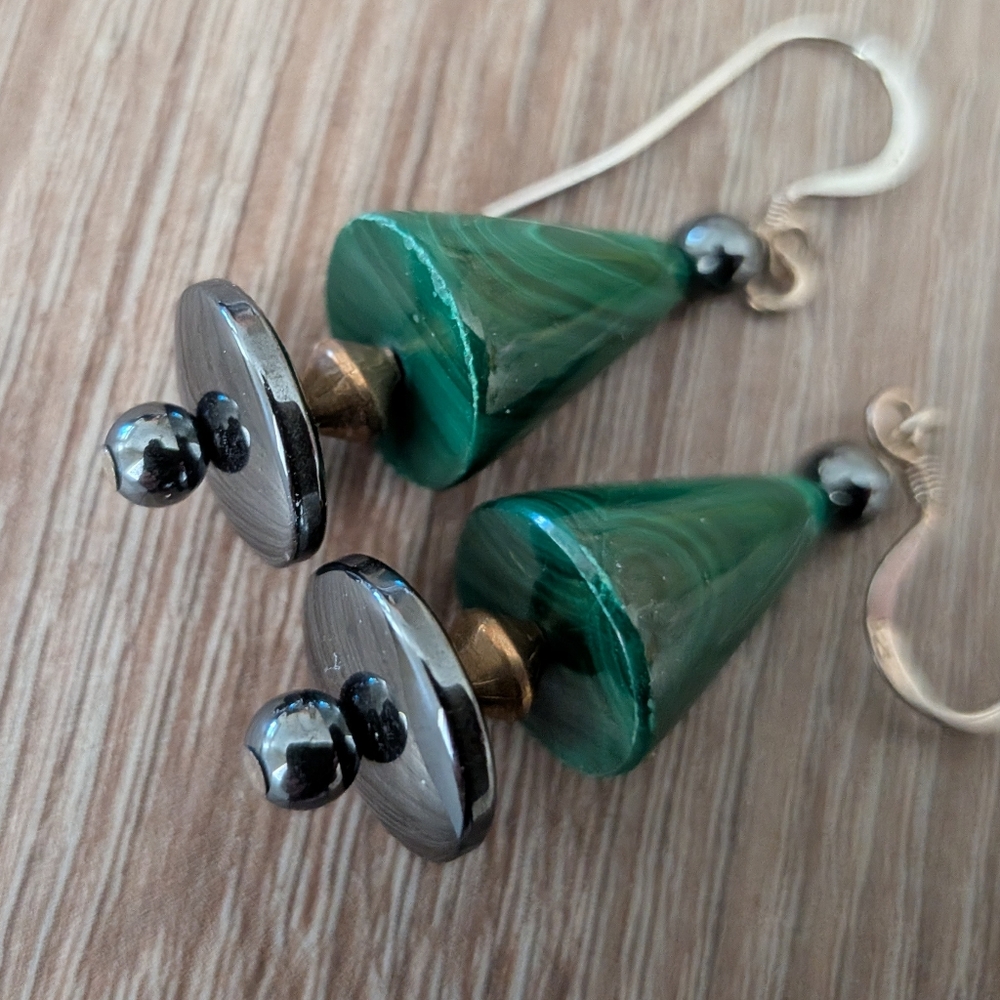 Sterling Silver 925 Vintage Boho Malachite Dangle Earrings - Picture 6 of 6